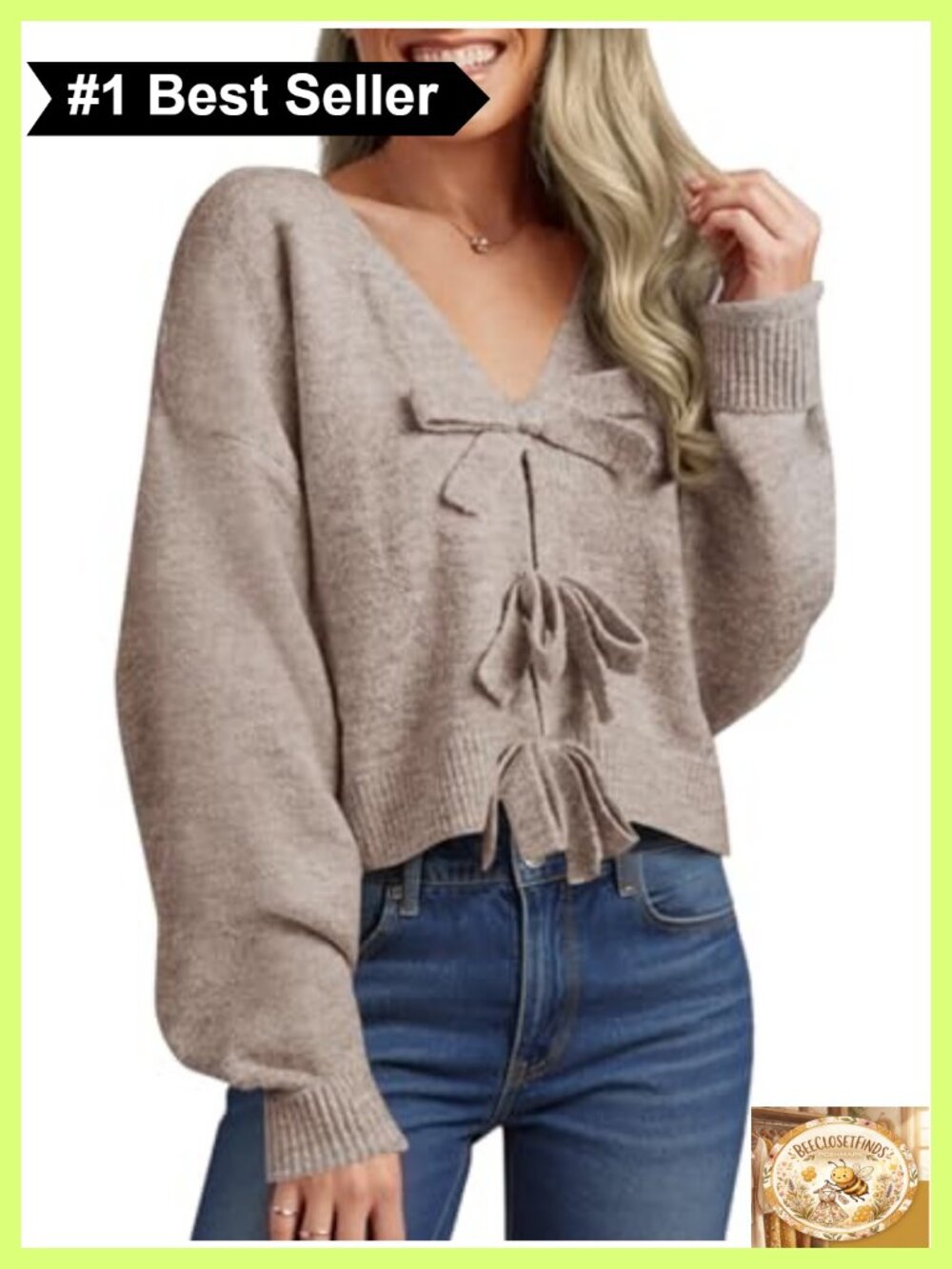 Womens Cropped Bow Sweater V Neck Long Sleeve Pullover Top